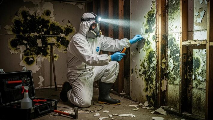 Professional mold removal technician inspecting mold in Haltom City, TX